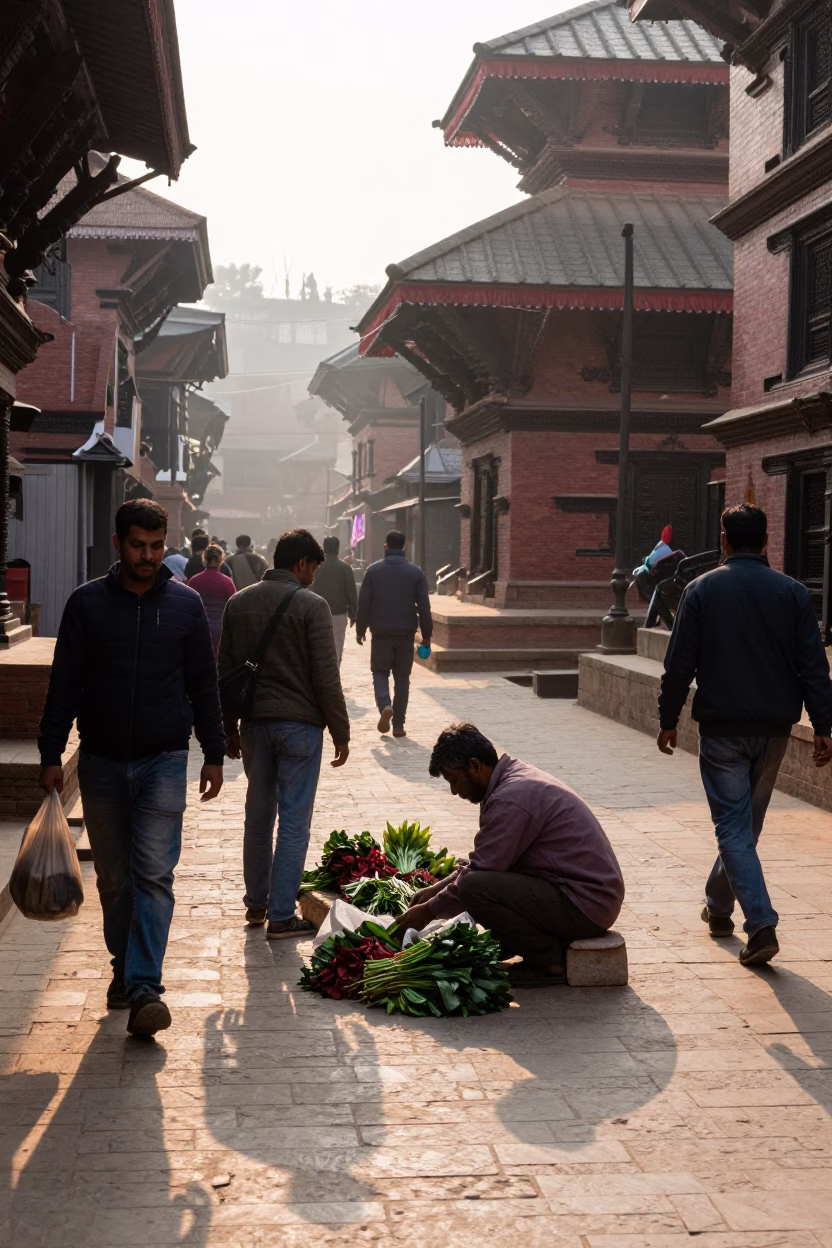 Early Morning Street Scene in Kathmandu Nepal with Local Vendor and Heritage Architecture in in Kathmandu, Nepal