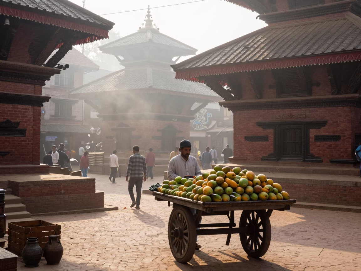 Early Morning Street Scene in Kathmandu Nepal with Mangoes and Ceramic Bowl in in Kathmandu, Nepal