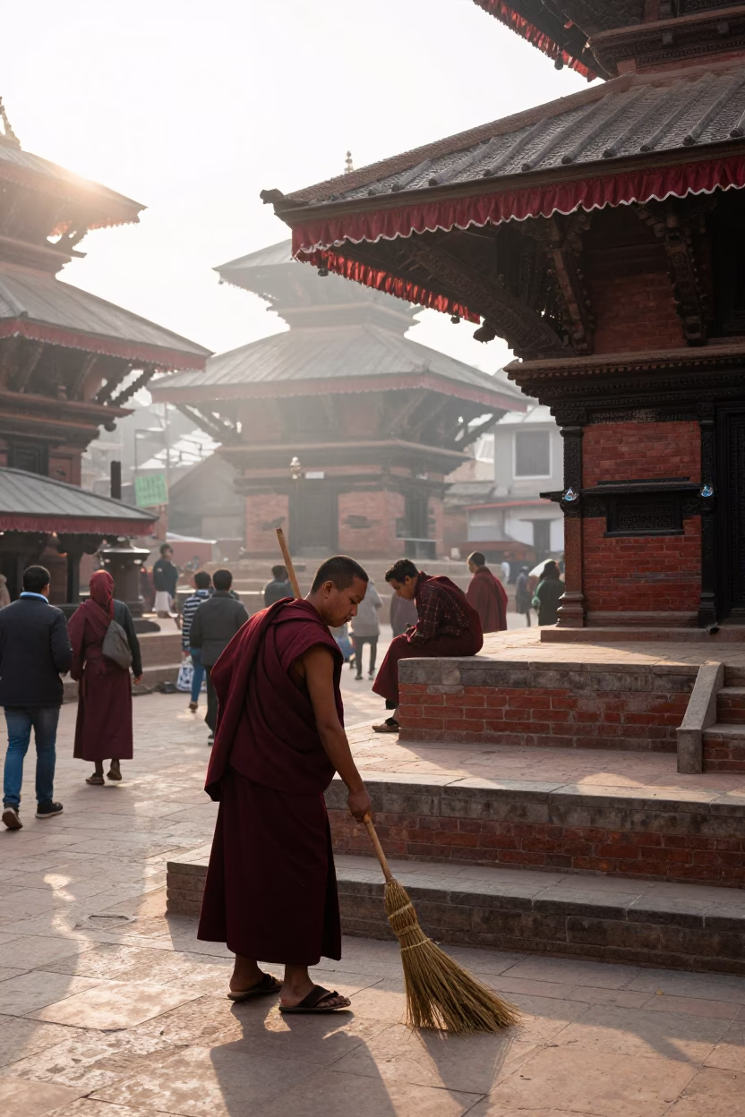 Early Morning Street Scene in Kathmandu Nepal with Monks and Enamel Bowls in in Kathmandu, Nepal