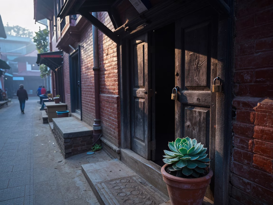Early Morning Street Scene in Kathmandu Nepal with Padlock and Dewy Echeveria in in Kathmandu, Nepal