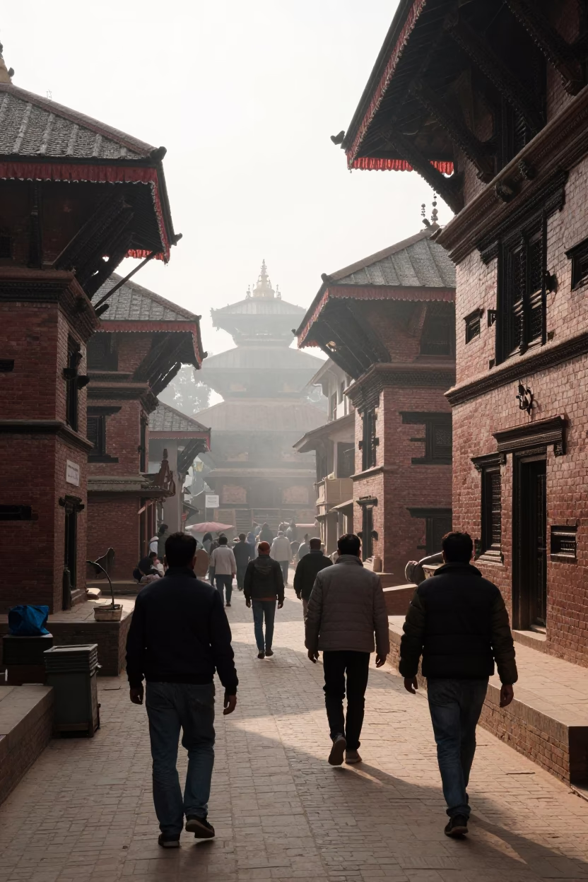 Early Morning Street Scene in Kathmandu Nepal with Pedestrians and Traditional Architecture in in Kathmandu, Nepal