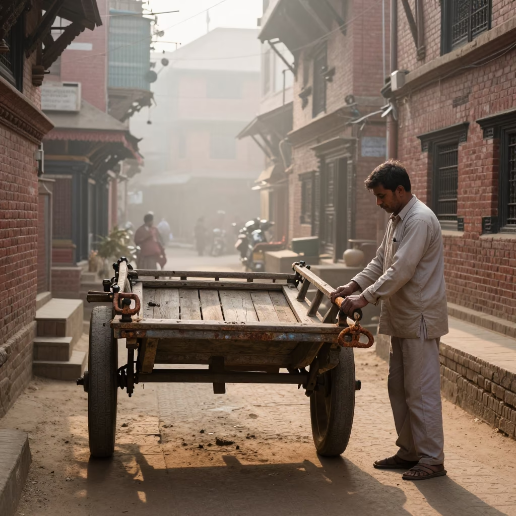 Early Morning Street Scene in Kathmandu Nepal with Rusty Handle and Local Life in in Kathmandu, Nepal