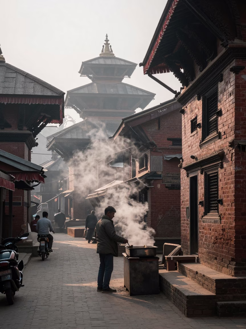 Early Morning Street Scene in Kathmandu Nepal with Steam and Daily Life in in Kathmandu, Nepal