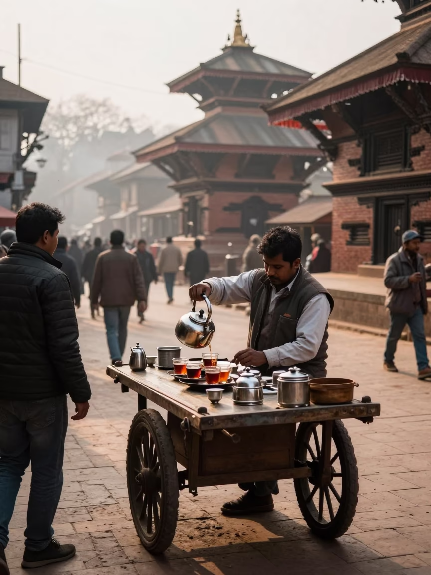 Early Morning Street Scene in Kathmandu Nepal with Traditional Tea Service in in Kathmandu, Nepal