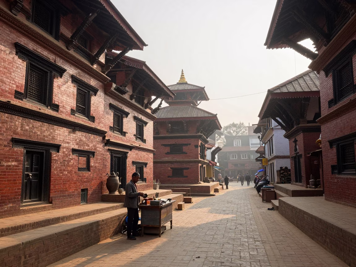 Early Morning Street Scene in Kathmandu Nepal with Traditional Tea Vessel and Morning Light in in Kathmandu, Nepal