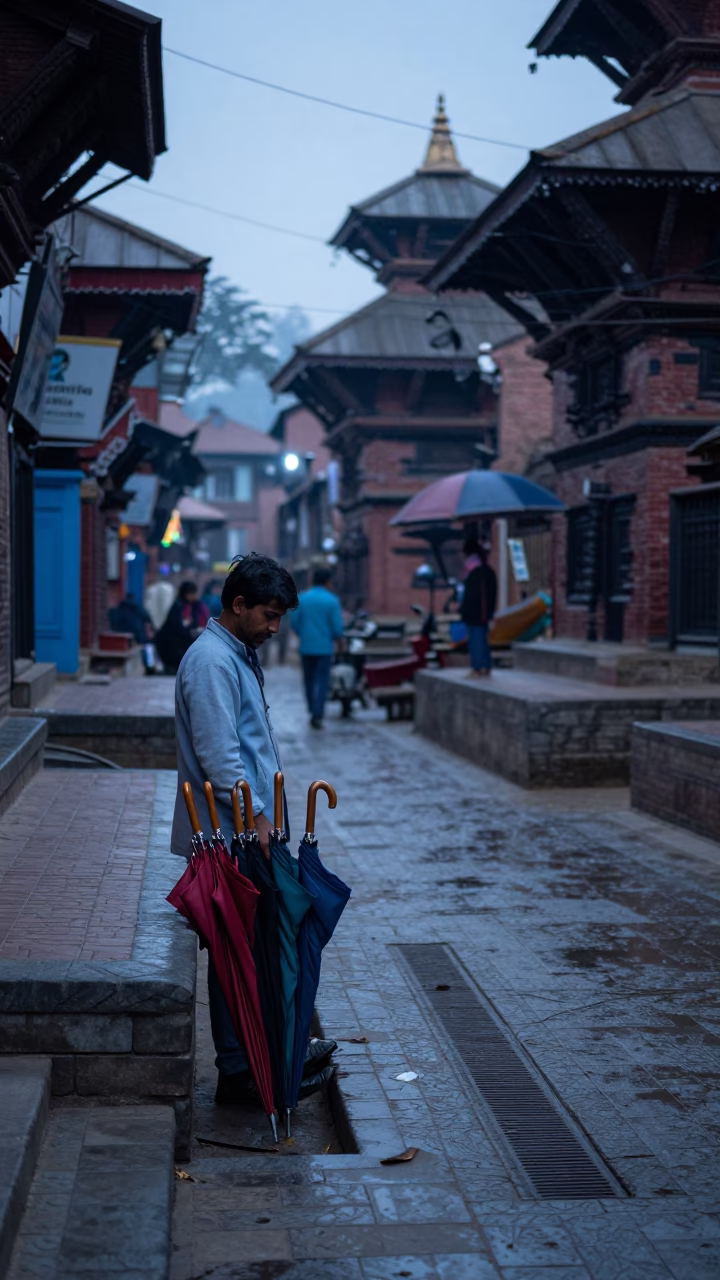 Early Morning Street Scene in Kathmandu Nepal with Umbrellas and Local Market Activity in in Kathmandu, Nepal