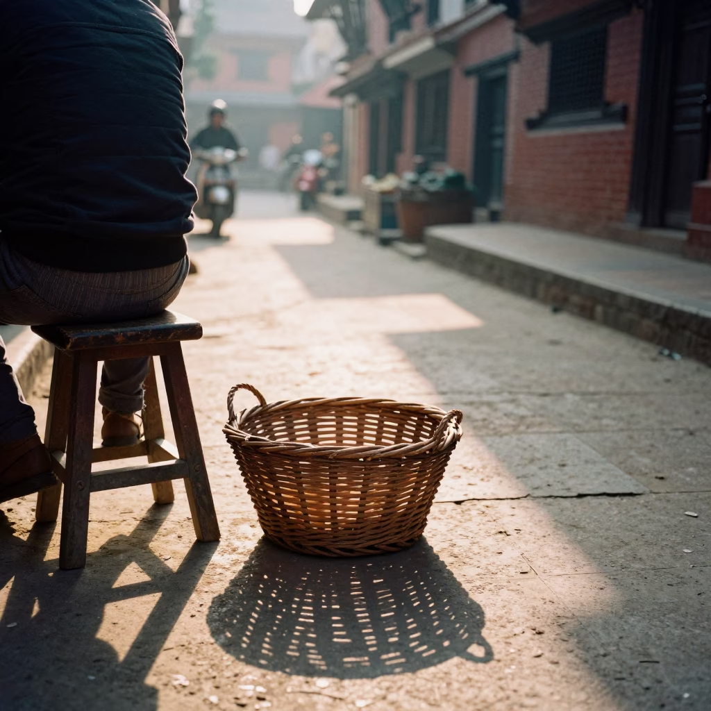 Early Morning Street Scene in Kathmandu Nepal with Wicker Basket and Scarf in in Kathmandu, Nepal