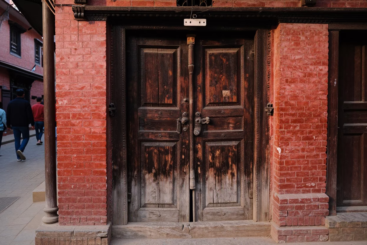 Early Morning Street Scene in Kathmandu Nepal with Wooden Door Hinges and Latch Details in in Kathmandu, Nepal