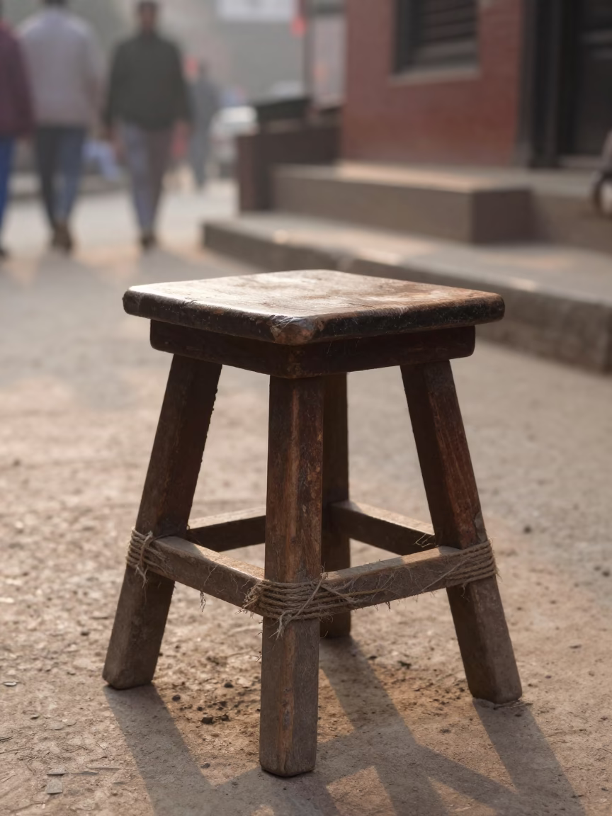 Early Morning Street Scene in Kathmandu Nepal with Wooden Stool and Twine Fibers in in Kathmandu, Nepal