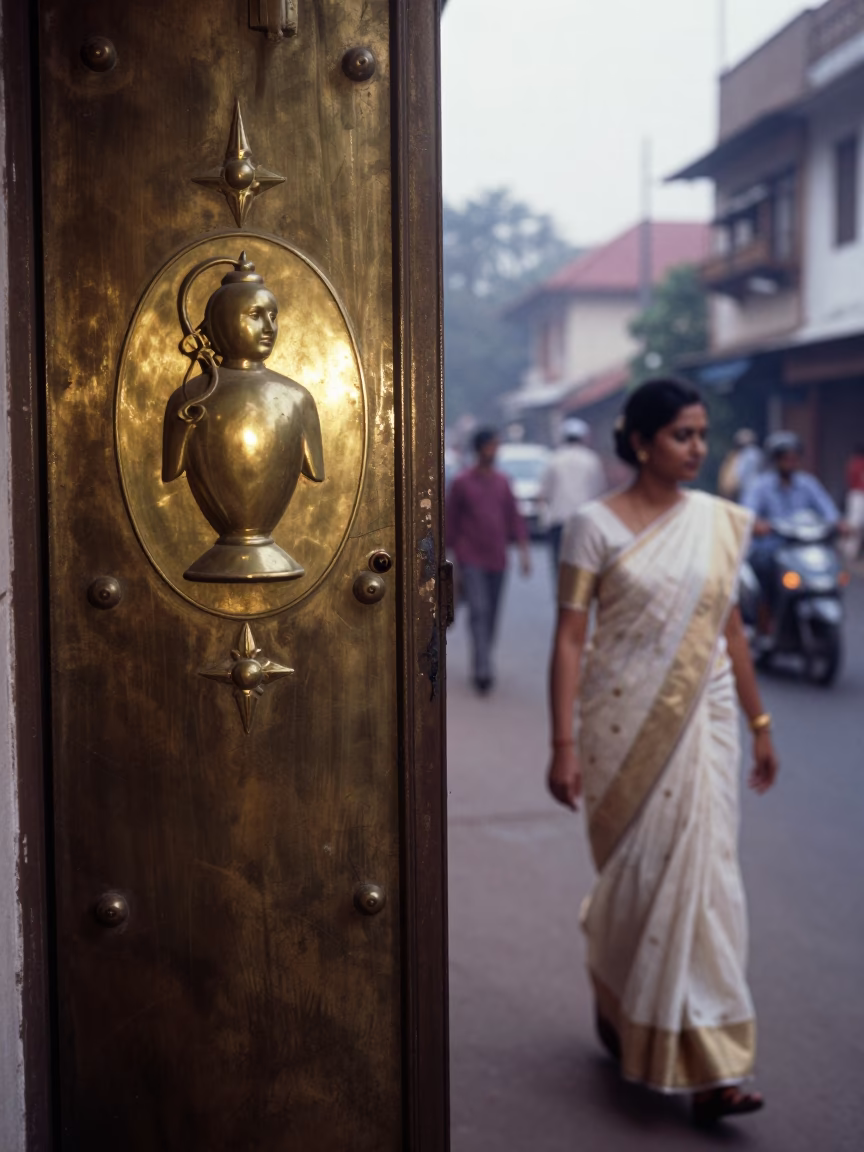 Early Morning Street Scene in Kochi India with Brass Escutcheon and Lemongrass in in Kochi, India