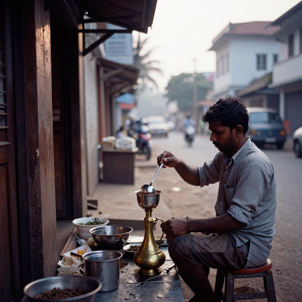 Early Morning Street Scene in Kochi India with Local Vendor and Tea Infuser Spoon in in Kochi, India