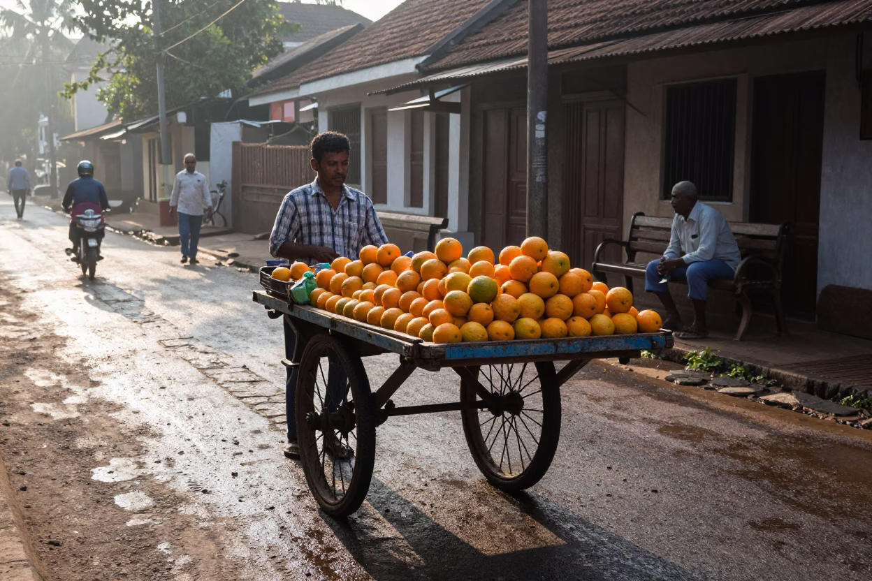 Early Morning Street Scene in Kochi India with Oranges and Stone Bench in in Kochi, India