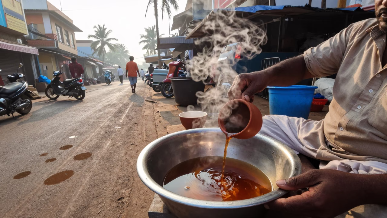Early Morning Street Scene in Kochi India with Tea Stains and Basil Leaves in in Kochi, India