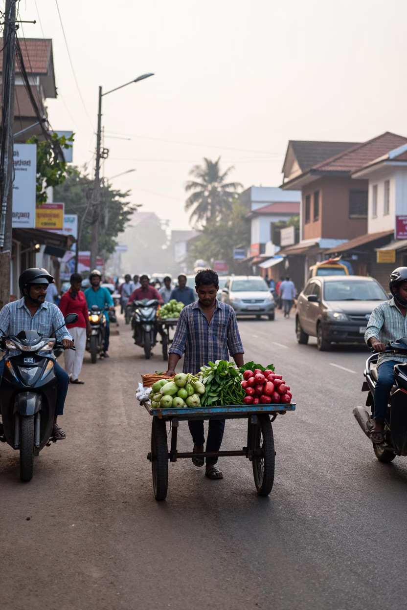 Early Morning Street Scene in Kochi India with Vendors and Commuters in in Kochi, India