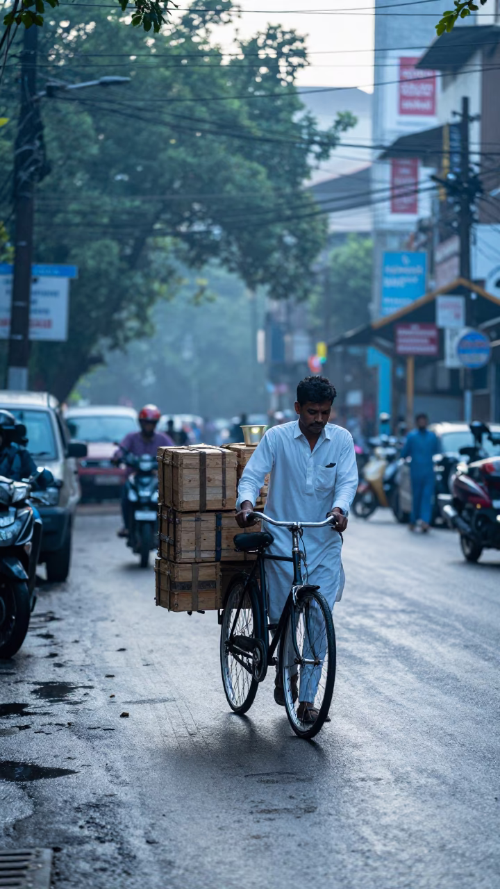 Early Morning Street Scene in Kolkata India with Bicycle and Tea Stall in in Kolkata, India