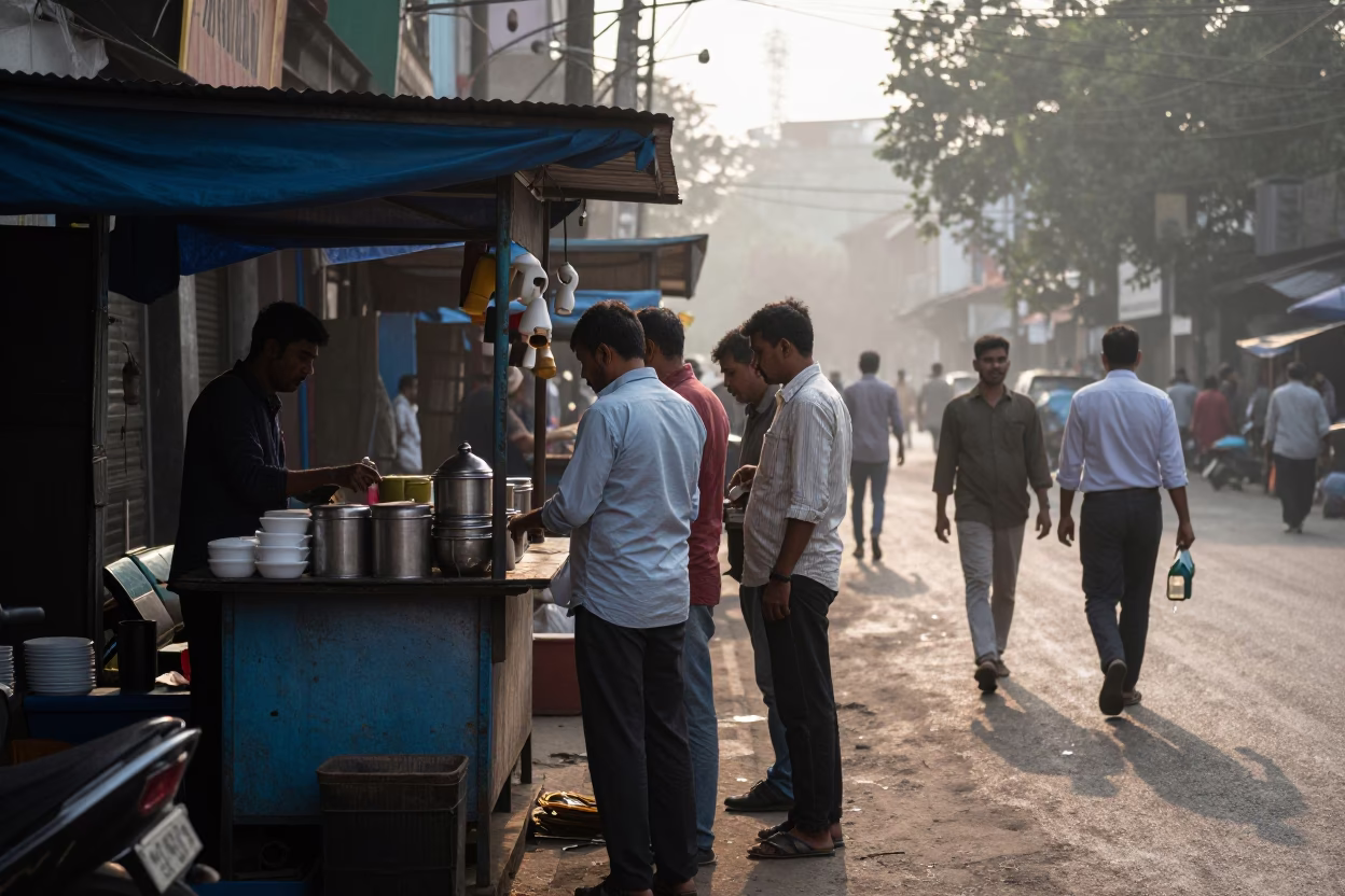Early Morning Street Scene in Kolkata India with Tea Stall and Local Commuters in in Kolkata, India