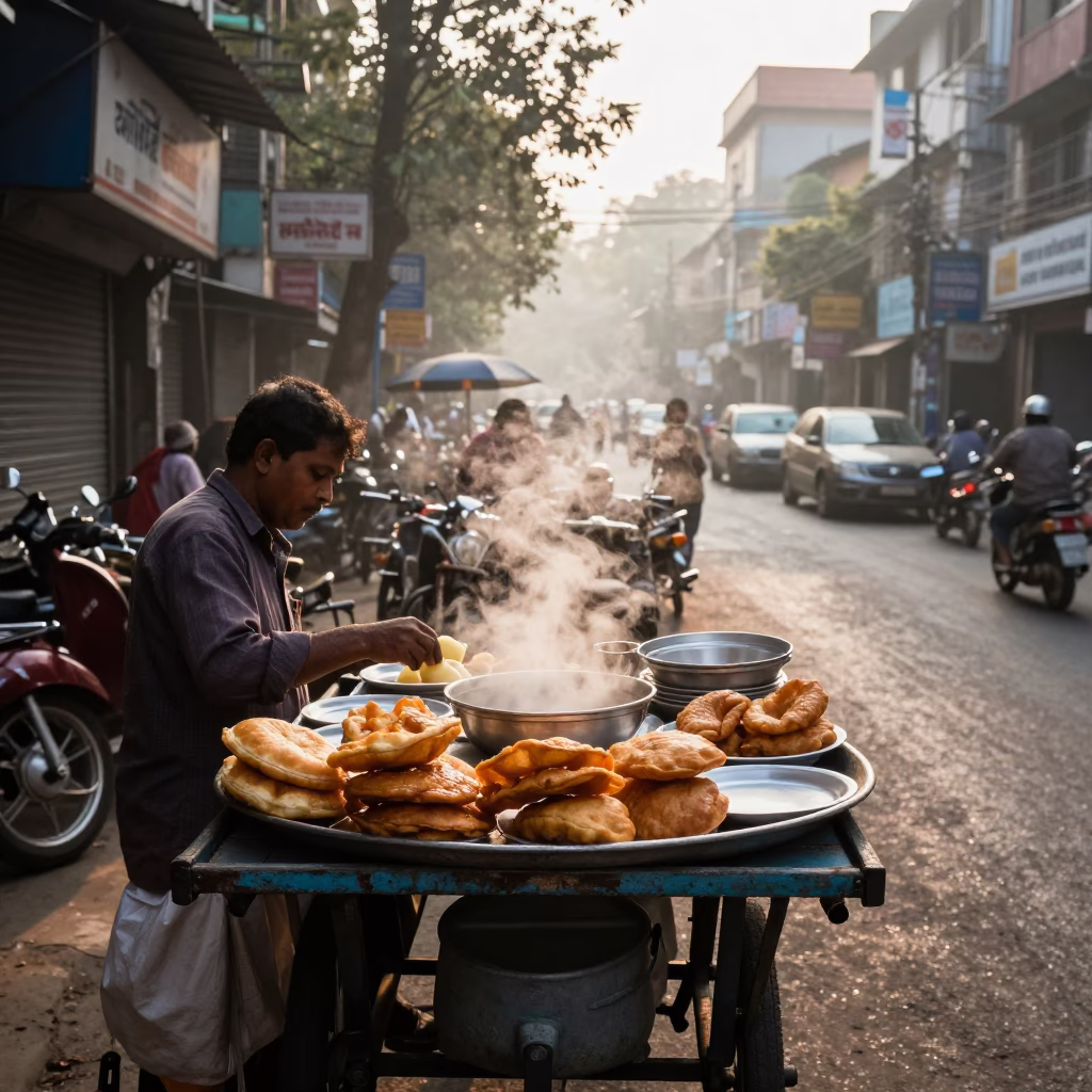 Early Morning Street Scene in Kolkata India with Traditional Breakfast and Local Commuters in in Kolkata, India