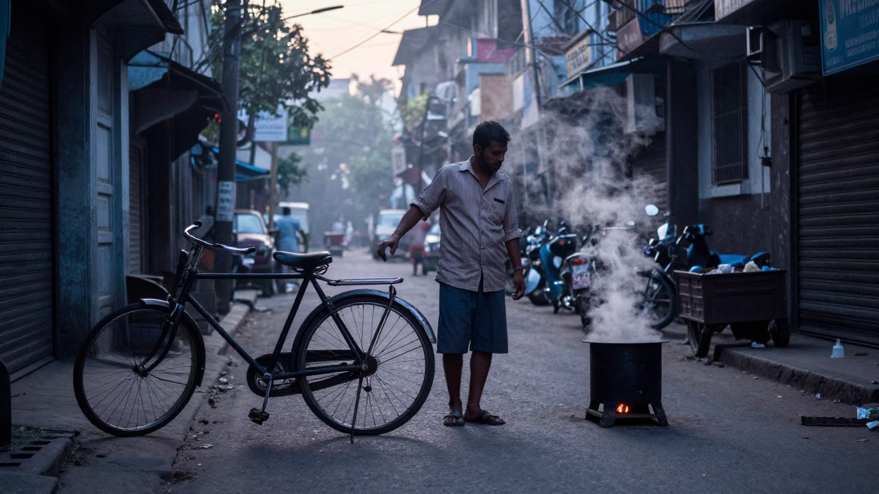 Early Morning Street Scene in Kolkata India with Vintage Bicycle and Morning Light in in Kolkata, India