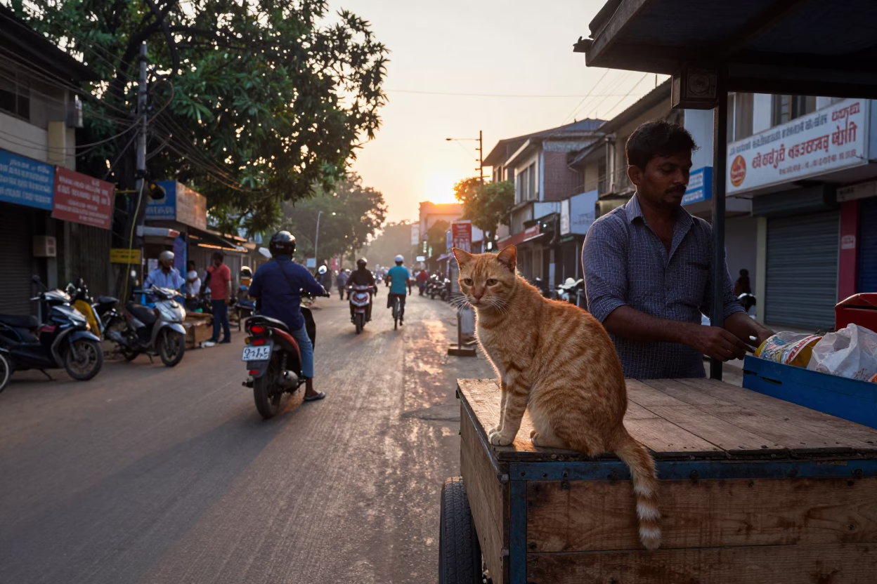 Early Morning Street Scene in Kolkata with Orange Cat and Ceramic Mugs in in Kolkata, India