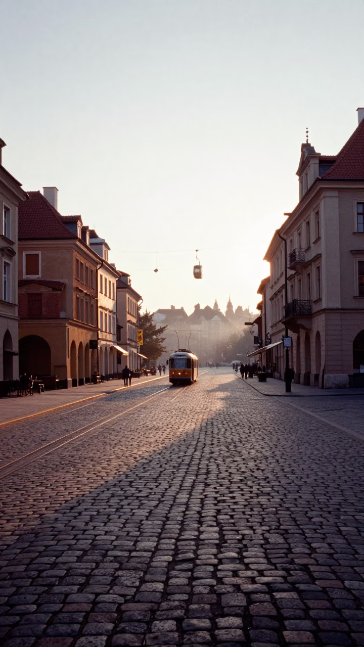 Early Morning Street Scene in Krakow Poland with Cobblestones and Old Buildings in in Krakow, Poland
