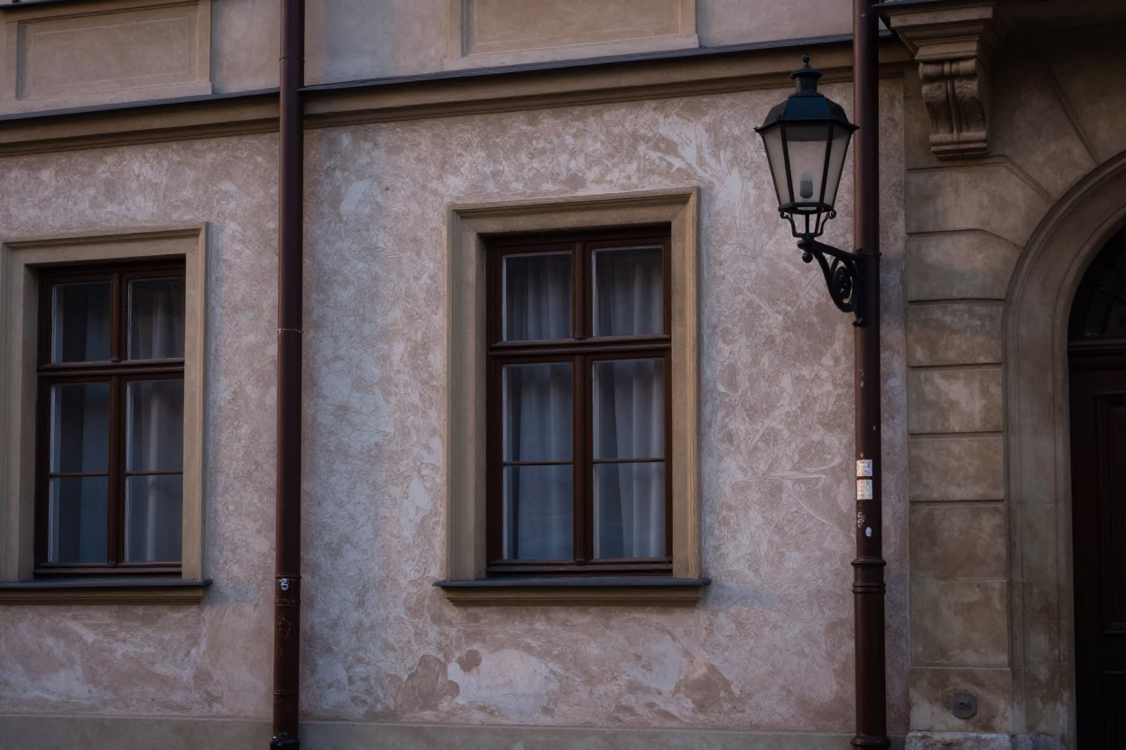 Early Morning Street Scene in Krakow Poland with Lantern and Window Details in in Krakow, Poland