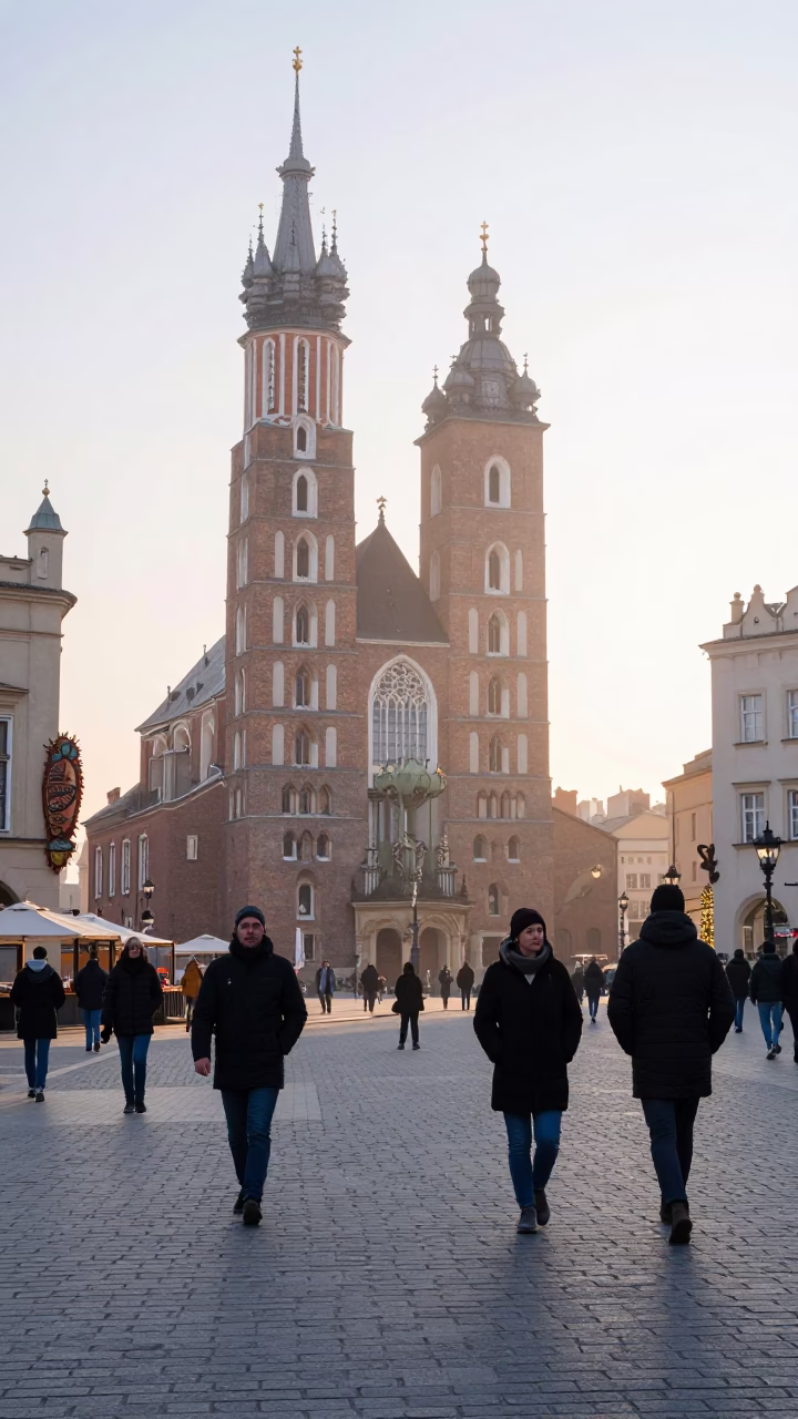 Early morning street scene in Krakow Poland with locals and city architecture in in Krakow, Poland