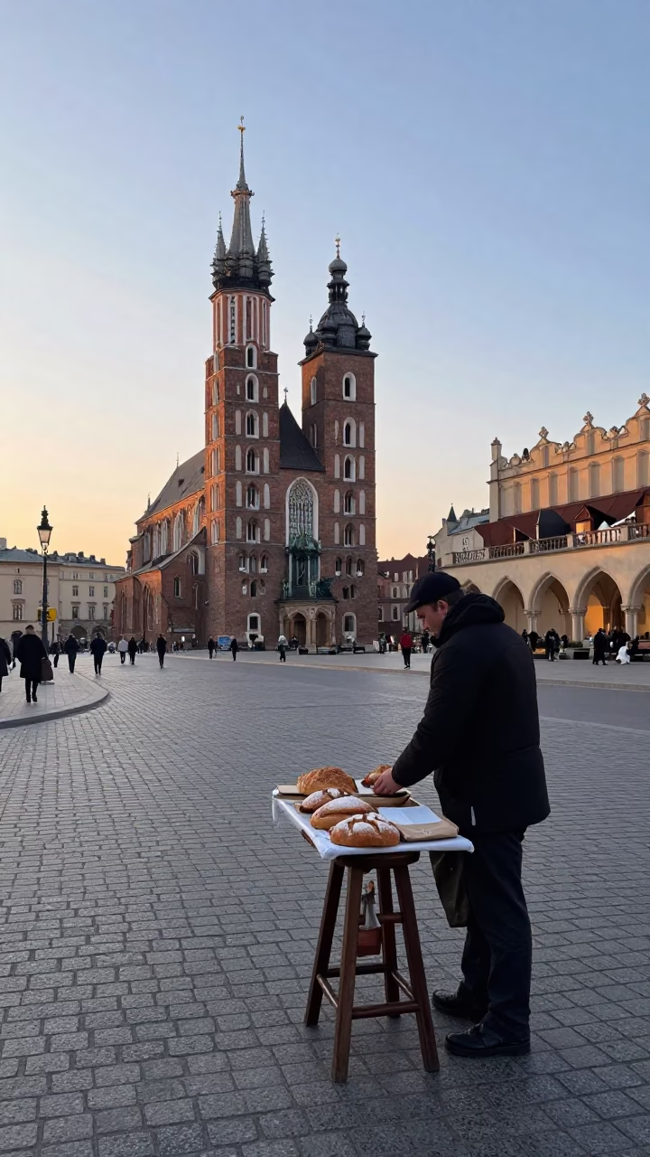 Early Morning Street Scene in Krakow Poland with Stool and Bread Knife in in Krakow, Poland