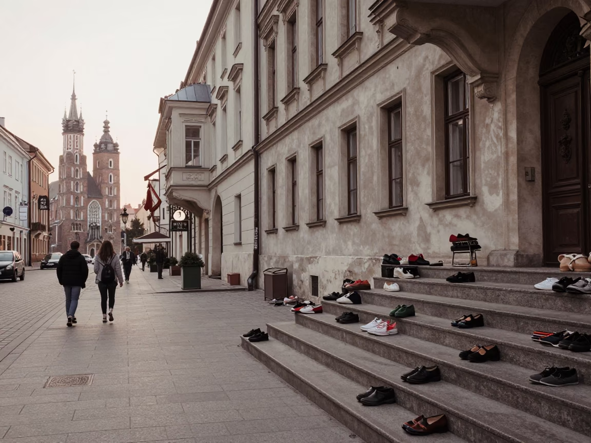 Early Morning Street Scene in Krakow Poland with Vintage 1970s Aesthetic in in Krakow, Poland