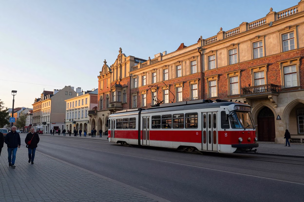 Early Morning Street Scene in Krakow Poland with Vintage Tram and Pedestrians in in Krakow, Poland