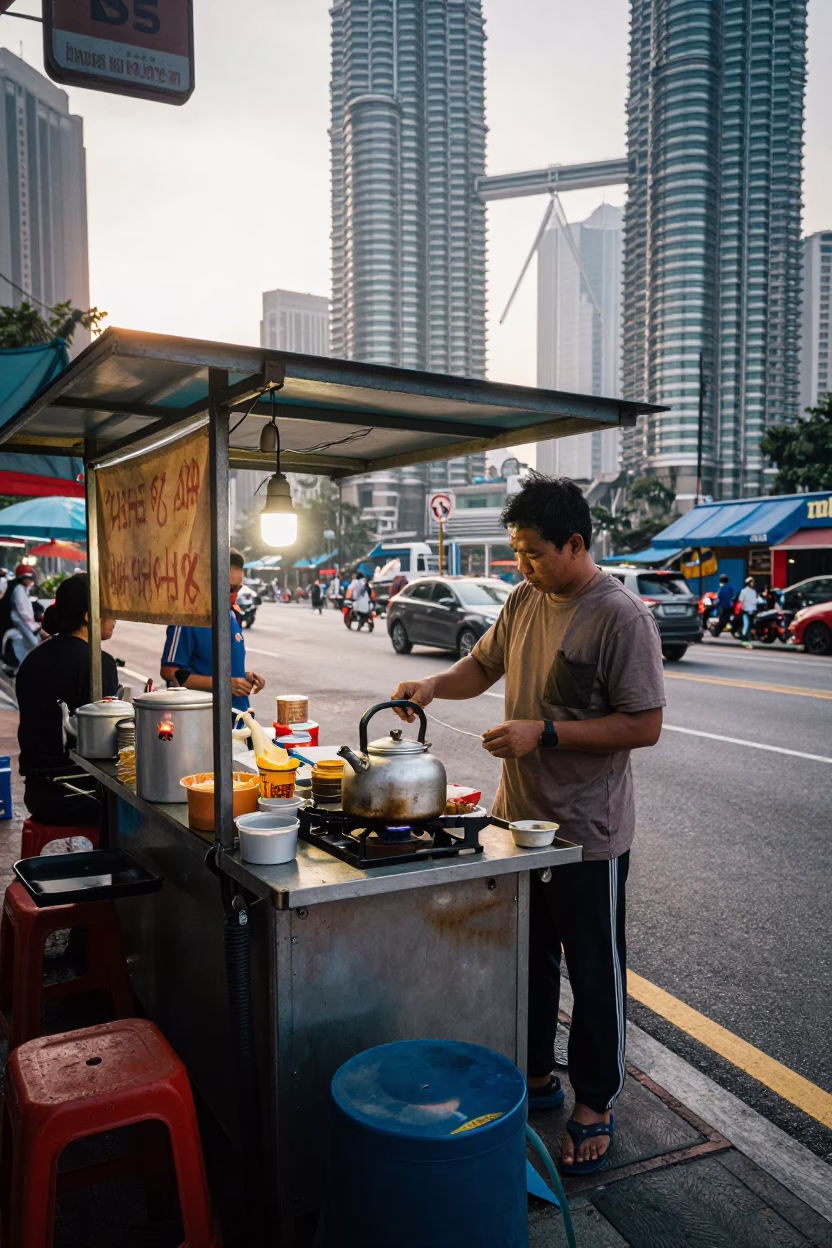 Early morning street scene in Kuala Lumpur Malaysia with food vendor and urban architecture in in Kuala Lumpur, Malaysia
