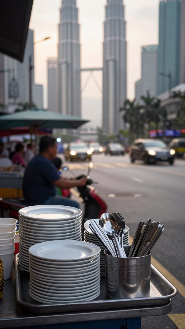 Early Morning Street Scene in Kuala Lumpur Malaysia with Local Vendor and Traditional Cutlery in in Kuala Lumpur, Malaysia