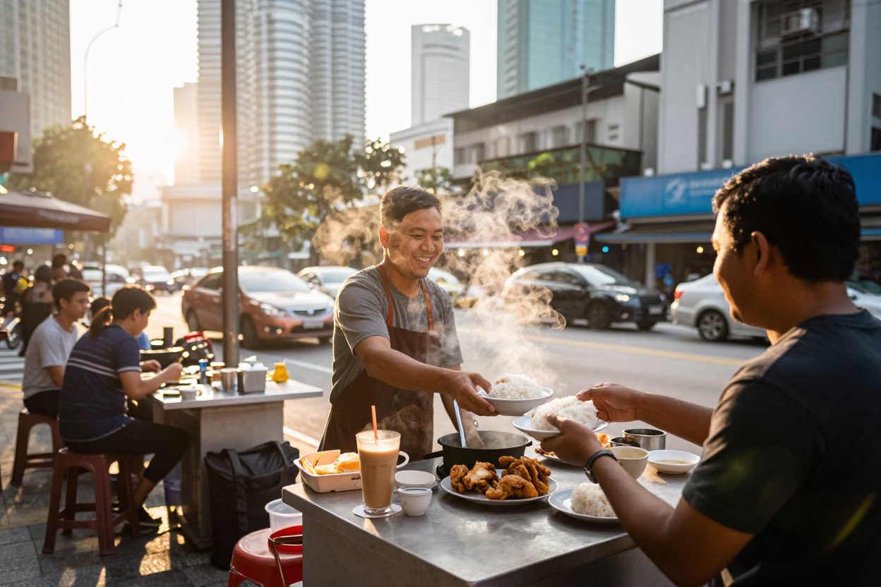 Early Morning Street Scene in Kuala Lumpur Malaysia with Morning Coffee and Local Breakfast in in Kuala Lumpur, Malaysia