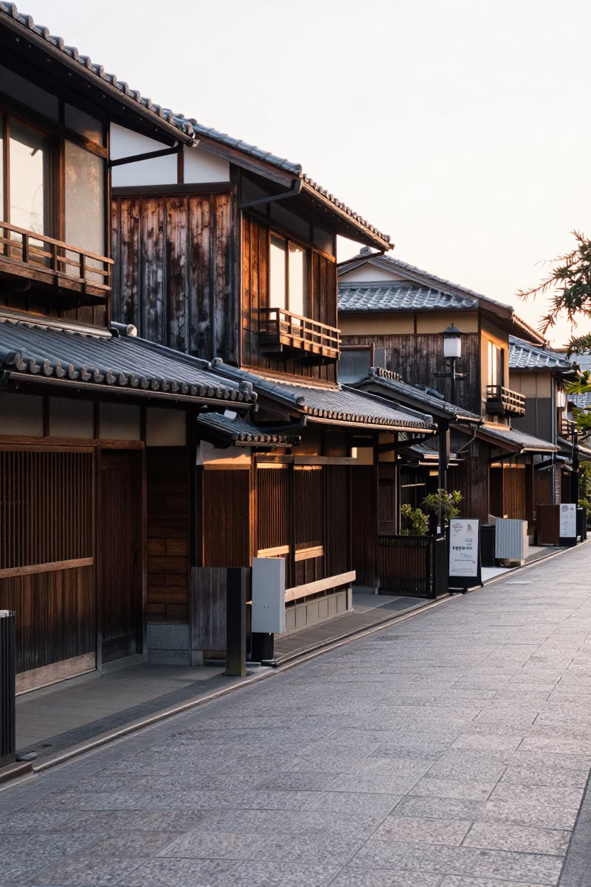 Early morning street scene in Kyoto Japan with traditional architecture and urban details in in Kyoto, Japan