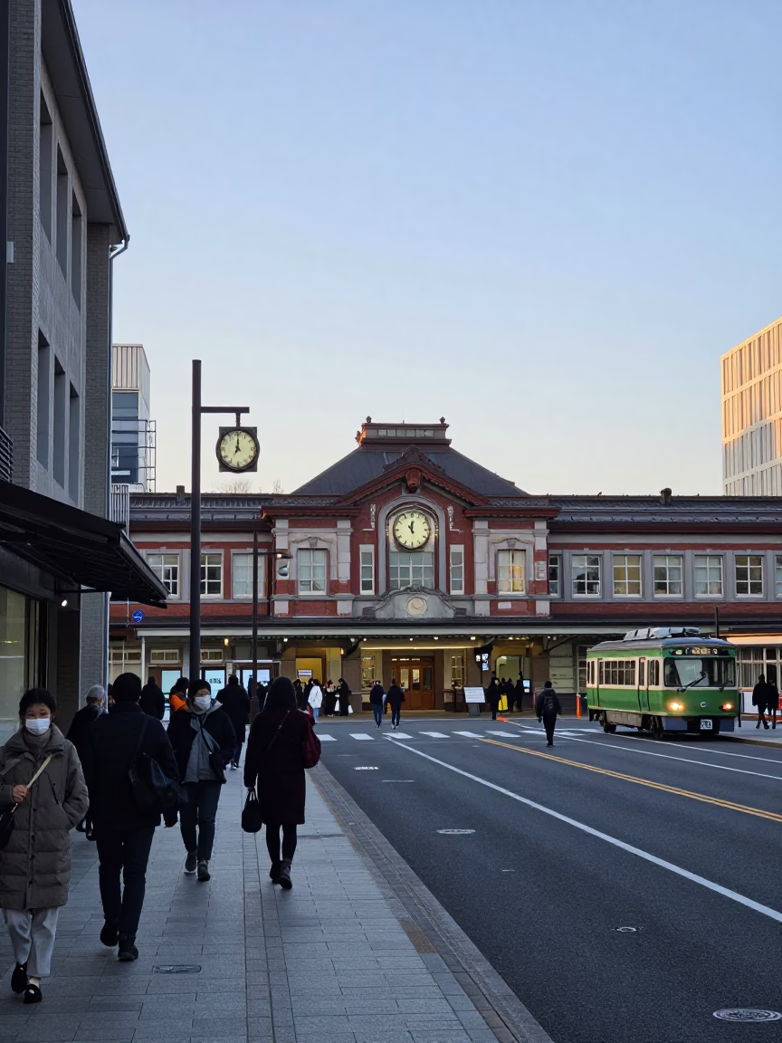 Early Morning Street Scene in Kyoto Japan with Train Station Clock and Lichen in in Kyoto, Japan
