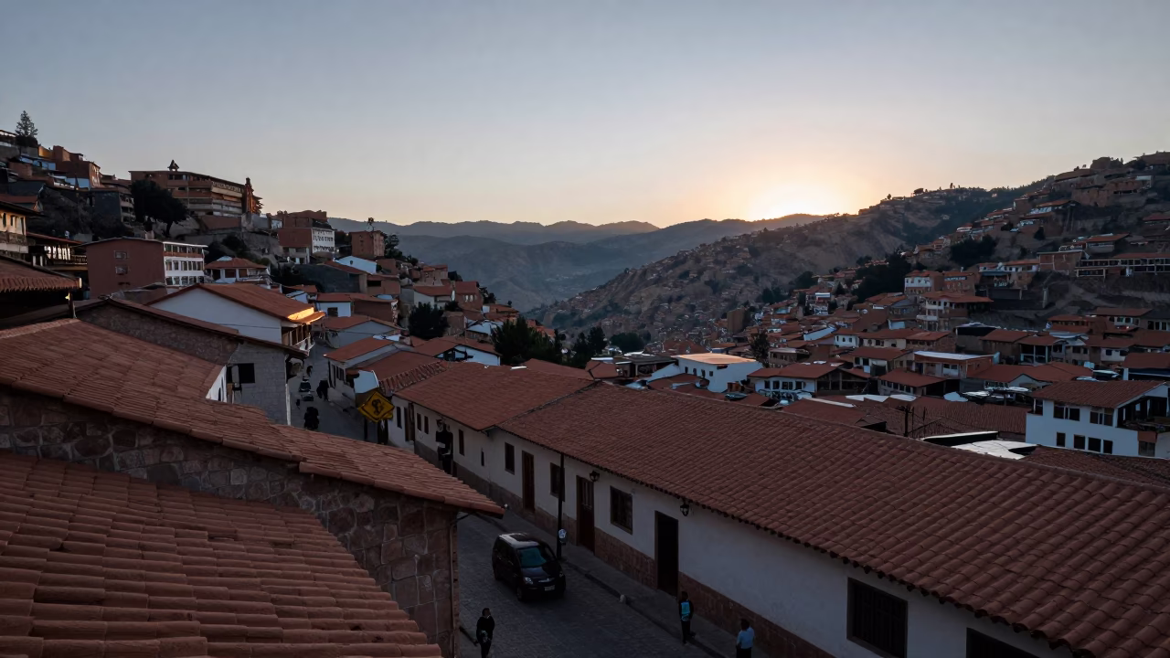 Early Morning Street Scene in La Paz Bolivia Before Sunrise with Local Life in in La Paz, Bolivia