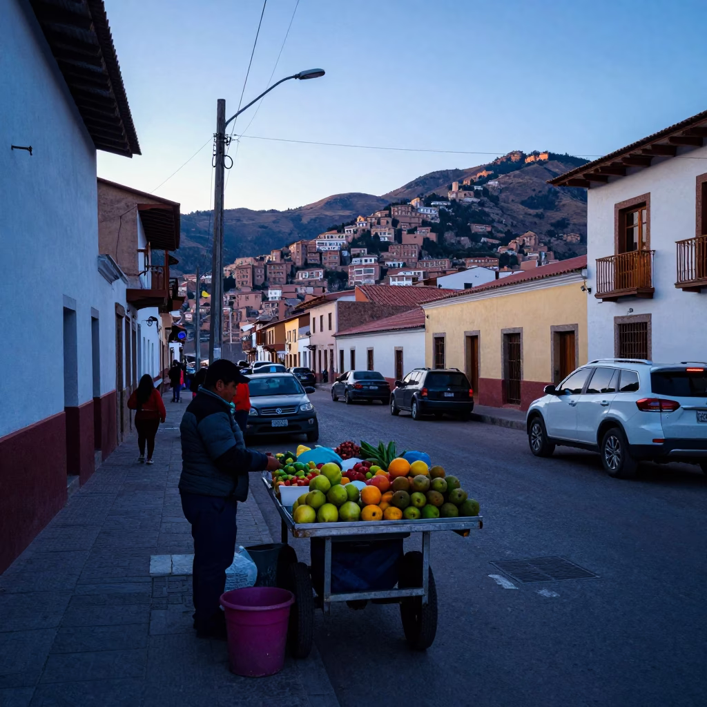 Early Morning Street Scene in La Paz Bolivia with Colorful Vendors and Urban Infrastructure in in La Paz, Bolivia
