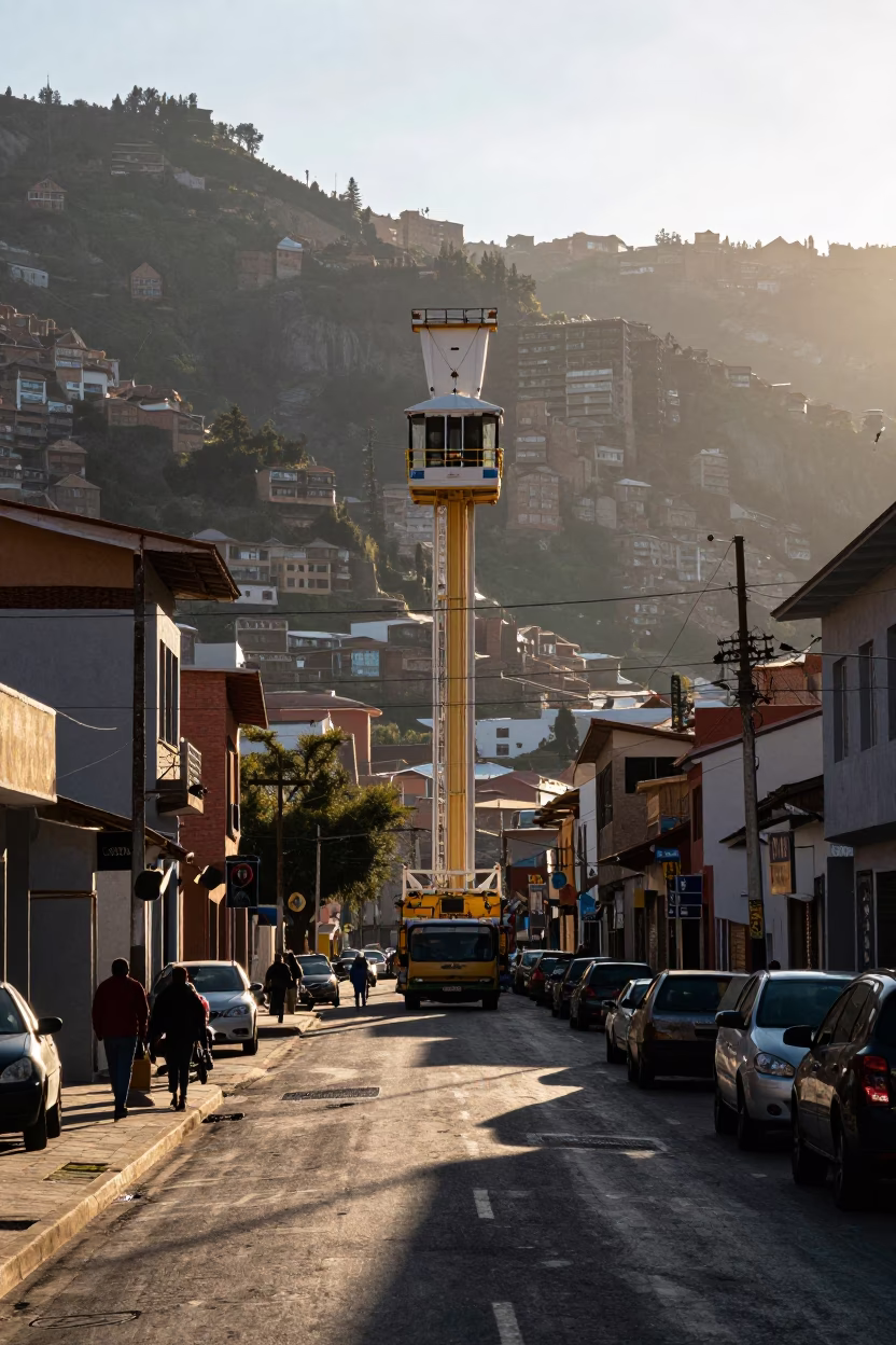 Early Morning Street Scene in La Paz Bolivia with Construction Elevator and Urban Life in in La Paz, Bolivia