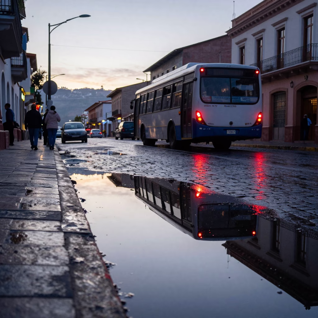 Early Morning Street Scene in La Paz Bolivia With Puddle Reflections And Mountain Light in in La Paz, Bolivia