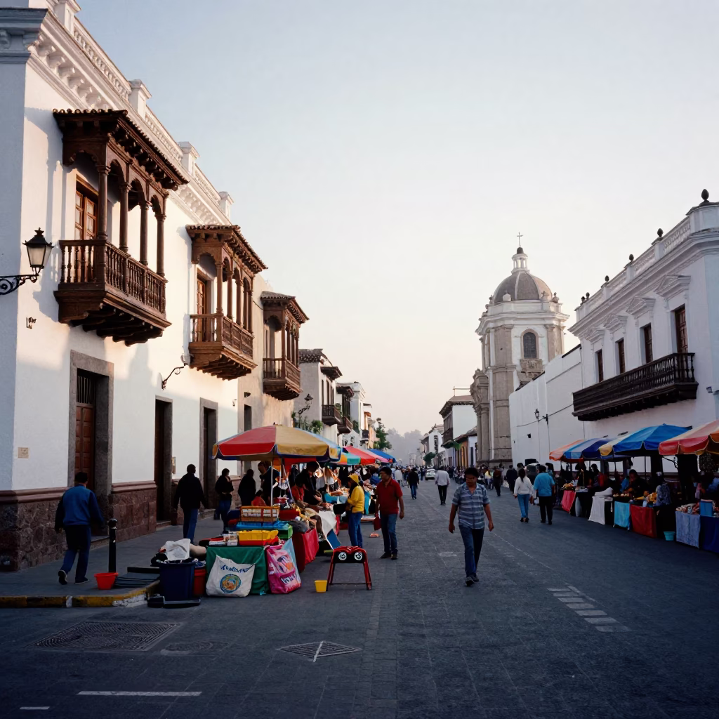 Early Morning Street Scene in Lima Peru with Colorful Market Stalls and Local Life in in Lima, Peru