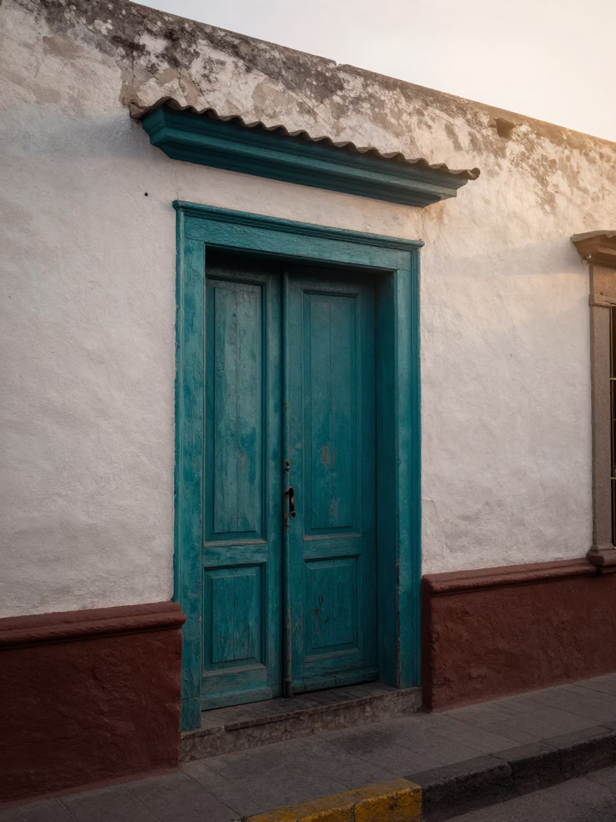 Early Morning Street Scene in Lima Peru with Historic Doorframe and Local Morning Routine in in Lima, Peru