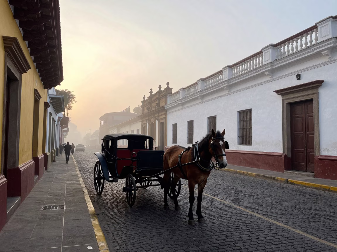 Early Morning Street Scene in Lima Peru with Horse Drawn Carriage on Cobblestones in in Lima, Peru
