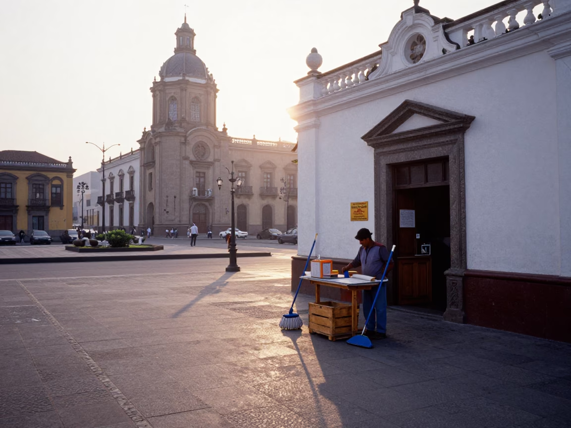 Early Morning Street Scene in Lima Peru with Mops and Local Market Activity in in Lima, Peru