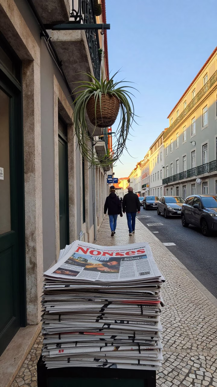 Early Morning Street Scene in Lisbon Portugal with Newspaper Stack and Hanging Air Plant in in Lisbon, Portugal
