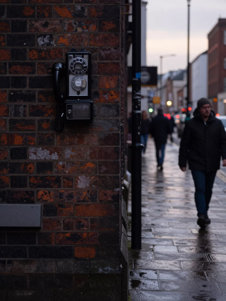 Early Morning Street Scene in Liverpool United Kingdom with Vintage Bakelite Telephone in in Liverpool, United Kingdom