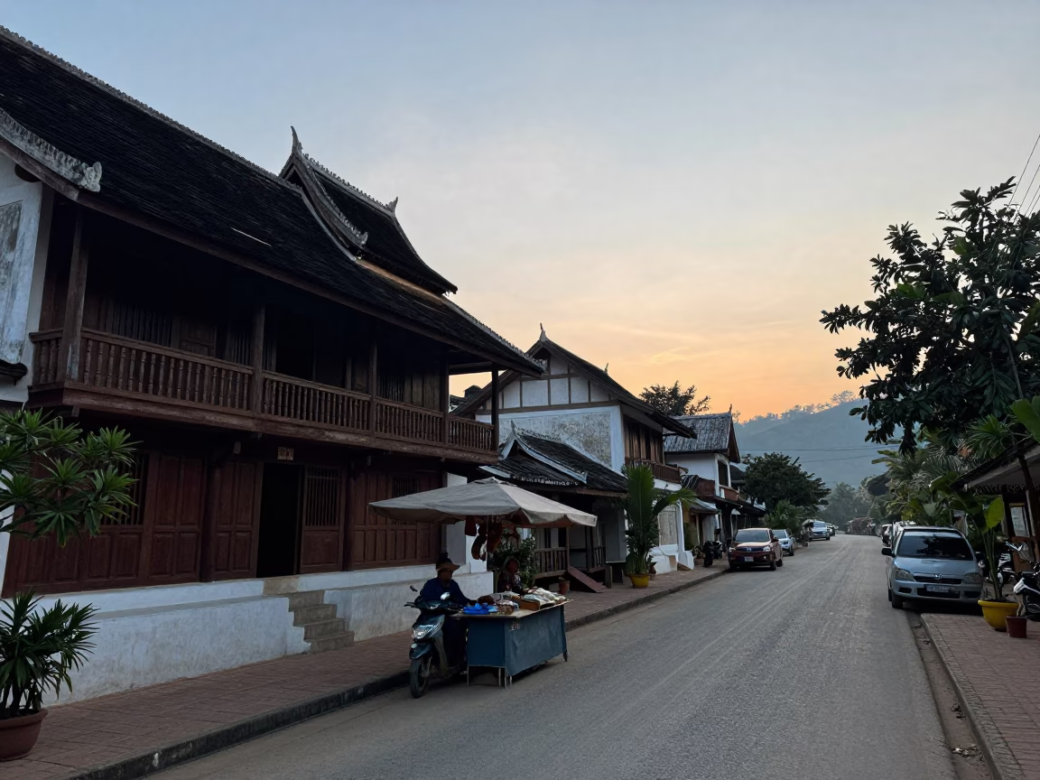 Early Morning Street Scene in Luang Prabang Laos Before Sunrise in in Luang Prabang, Laos