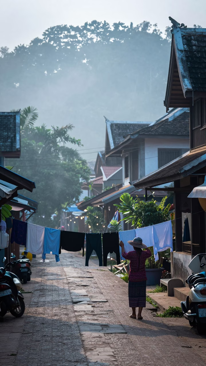 Early Morning Street Scene in Luang Prabang Laos with Local Laundry in in Luang Prabang, Laos