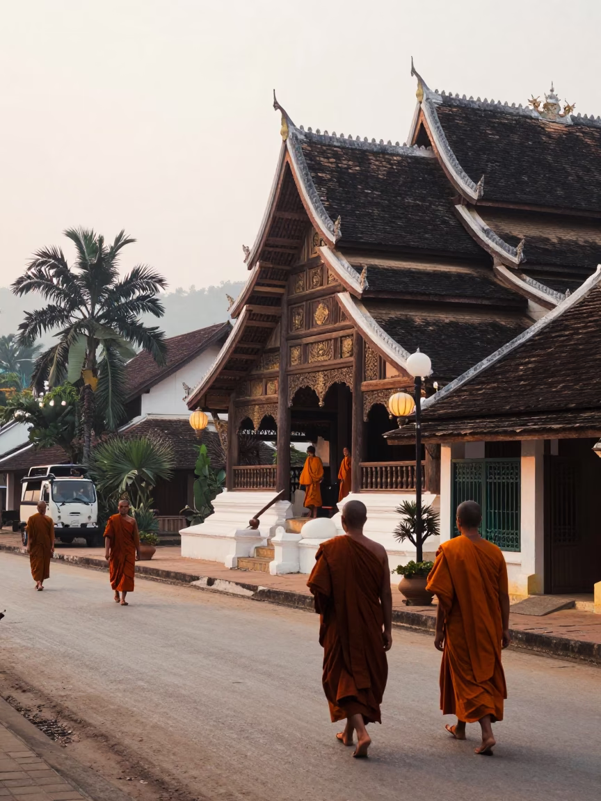 Early Morning Street Scene in Luang Prabang Laos with Monks and Lanterns in in Luang Prabang, Laos