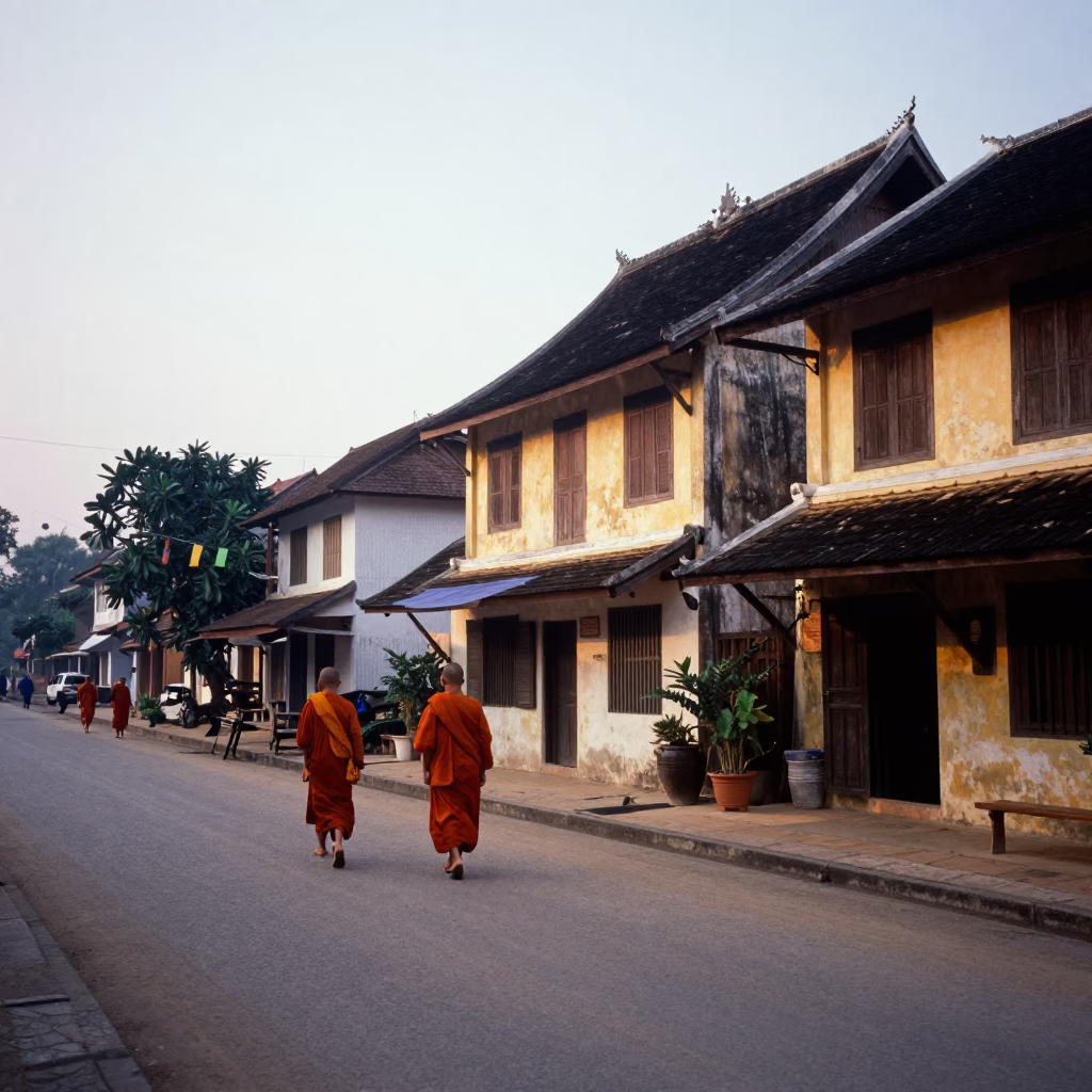 Early Morning Street Scene in Luang Prabang Laos with Monks and Local Life in in Luang Prabang, Laos