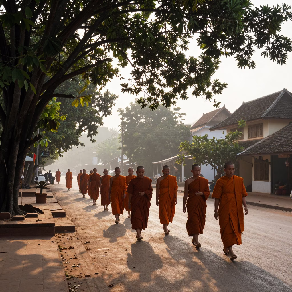 Early Morning Street Scene in Luang Prabang Laos with Monks and Local Market Activity in in Luang Prabang, Laos