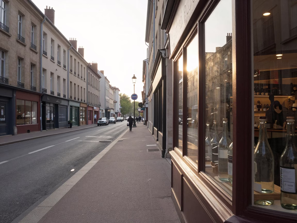 Early Morning Street Scene in Lyon France with Glass Bottle and Lamp Base in in Lyon, France